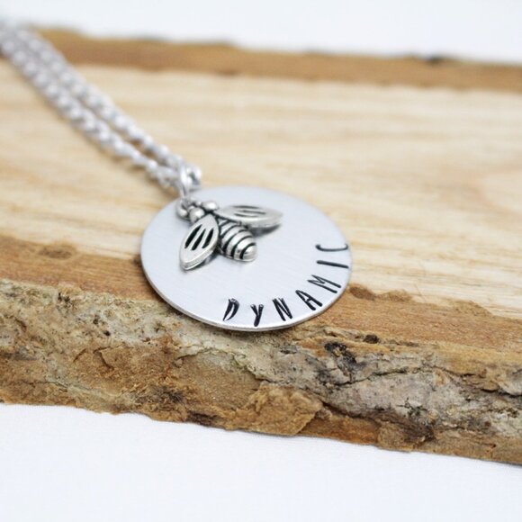 Bee Dynamic Hand Stamped Necklace - 18" Chain - Handmade & Hypoallergenic - Picture 3 of 6
